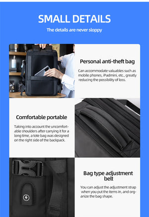 Waterproof travel backpack with anti-theft pocket, comfort padding, and adjustable back belt strap