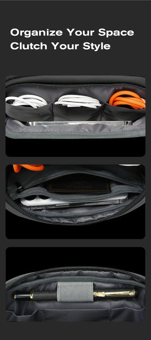 Black tech storage bag interior with zip pouches and elastic organizer