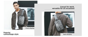 Black chest bag shown from front and back with crossbody strap