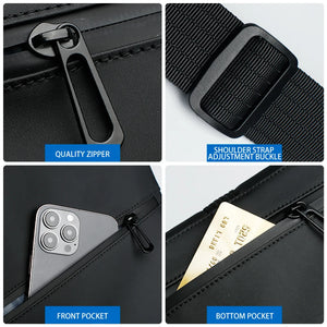 Black messenger bag close-ups: zipper, front pocket, and adjustable shoulder strap