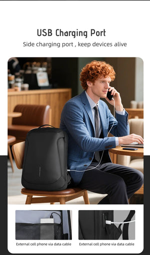 Black backpack with side USB charging port for charging on the go