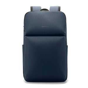 Blue travel backpack with front zipper pocket, padded back panel, dual shoulder straps