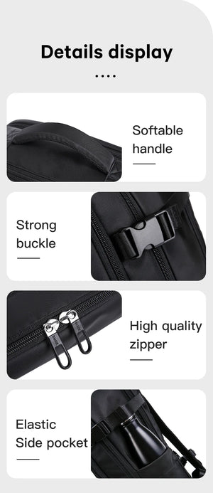 Black backpack details: padded handle, strong buckle, and high-quality zipper track