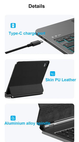 WiWU MK003 Bluetooth keyboard case details: Type-C port, PU leather back, aluminum edge