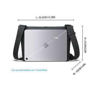 Compact messenger bag with adjustable shoulder straps; sized for an 11-inch tablet