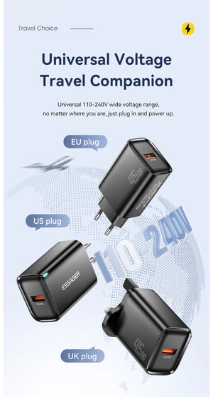 ESSAGER 45W USB Charger with QC3.0 and PD Fast Charging - Black