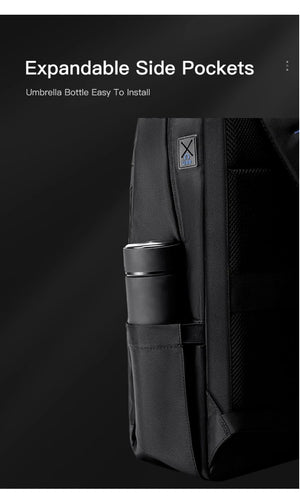 Black backpack with expandable side pockets and zipper opening
