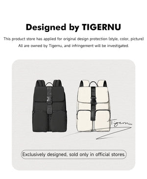 Black and beige compact commuter backpacks, front flap style with central vertical strap