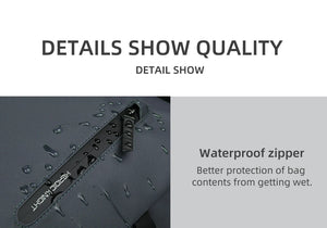 Waterproof zipper detail on roll-top backpack fabric