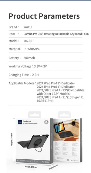 Product parameter sheet for WiWU keyboard folio case with model and specs