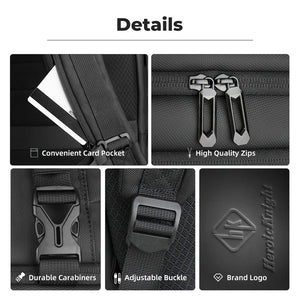Black backpack details: card pocket, sturdy zippers, carabiners, adjustable buckle, logo
