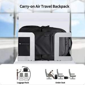 Black carry-on travel backpack with side carry straps and under-seat design