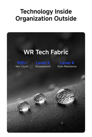 Black waterproof business backpack material close-up: WT tech fabric with water-splash texture.