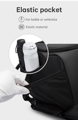 Large waterproof duffle bag with elastic interior pocket for bottle or umbrella