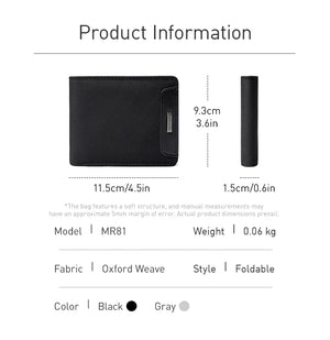 Black bifold card wallet shown in front and side view diagrams