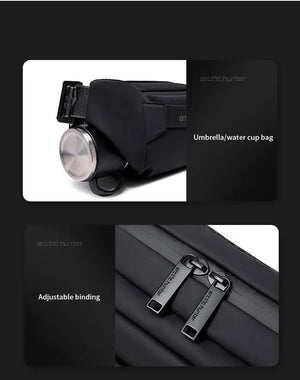 Black waterproof crossbody bag with elastic binding and side cup holder pouch detail.