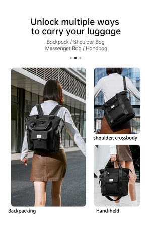 Waterproof backpack shown worn on back, with adjustable straps for carrying