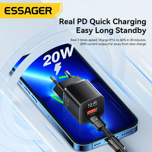 ESSAGER 20W GaN USB Charger with PD Fast Charging and QC3.0 - Black
