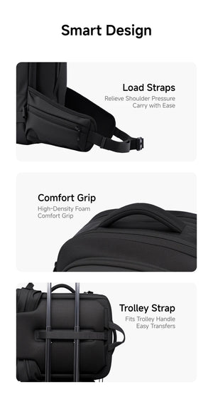 Black waterproof business backpack strap features: load straps, comfort grip handle, trolley strap.