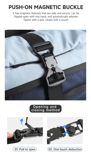 Blue travel backpack close-up of push-on magnetic buckle on top flap.