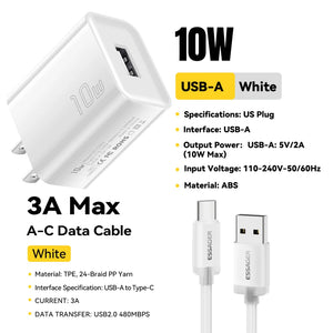 ESSAGER Mini 10W USB Charger Set with Fast Charge Adapter - White