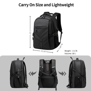 Black lightweight carry-on backpack with front zip pocket and adjustable shoulder straps