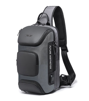 Grey crossbody backpack with textured front and front zip pocket; adjustable strap.