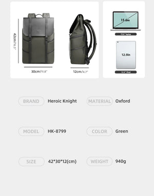 Green HEROIC KNIGHT travel backpack with pocket layout and dimensions info