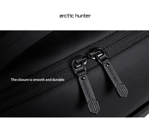 Black waterproof backpack zipper close-up with durable metal pull tabs
