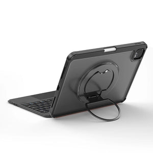 Black tablet case with rotatable stand and detachable keyboard behind