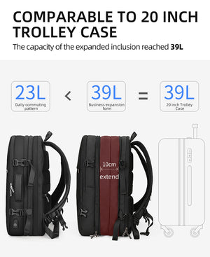Black expandable travel backpack compared with compact and expanded carry modes