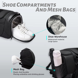 Black duffle bag with shoe compartment holding white sneakers