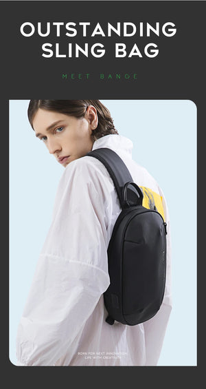 Black compact sling bag with adjustable shoulder strap and zippered front