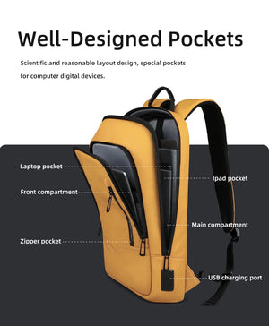 Yellow backpack with side USB charging port, padded laptop pocket, and front compartment