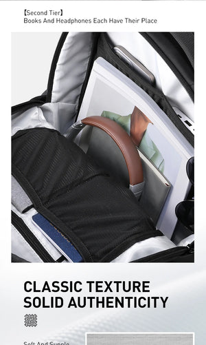 Compact laptop backpack open interior with divider pockets and laptop sleeve