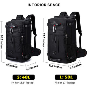 Black waterproof hiking backpack with front compartments and adjustable side straps