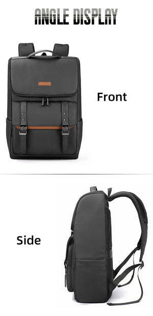 Black commuter backpack front view and side view with top handle and adjustable straps