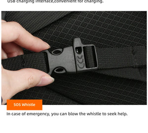 Black waterproof travel backpack strap with adjustable buckle and SOS whistle detail