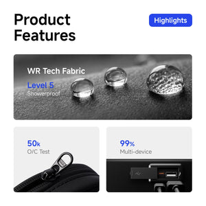 Black waterproof backpack with WR tech fabric and multi-device charging port detail