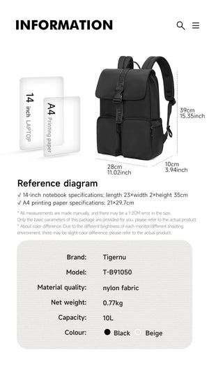Compact backpack info diagram with front view, size labels, and black and beige options