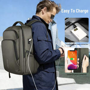 Green backpack with USB charging cable outlet and side connection port