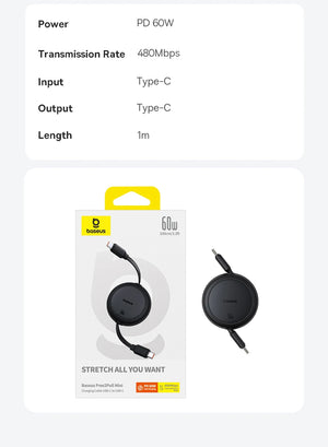 BASEUS Free2Pull 60W Retractable USB-C to USB-C Fast Charging Cable
