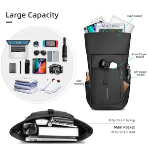 Black roll-top travel backpack with front zip pocket, side pocket, and large main compartment