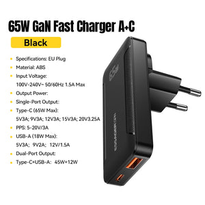 ESSAGER 65W Ultra Thin GaN Pro Travel USB Charger with Quick Charge 4.0 and PD3.0 - Black