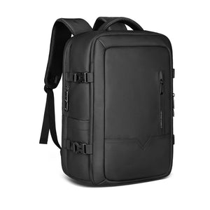 Black waterproof travel backpack front view with adjustable shoulder strap