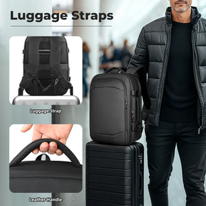 Black backpack with luggage straps and top carry handle for travel