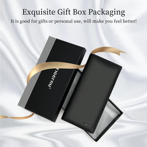 Black leather long wallet with textured finish beside gift box packaging