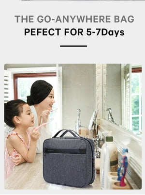 Dark gray waterproof collapsible toiletries bag set on countertop near bathroom sink