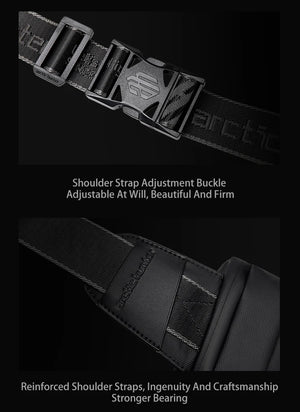 Black lightweight waterproof crossbody bag, adjustable shoulder strap buckle and reinforced straps