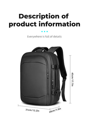 Black travel backpack with front zip pocket and compact rectangular shape
